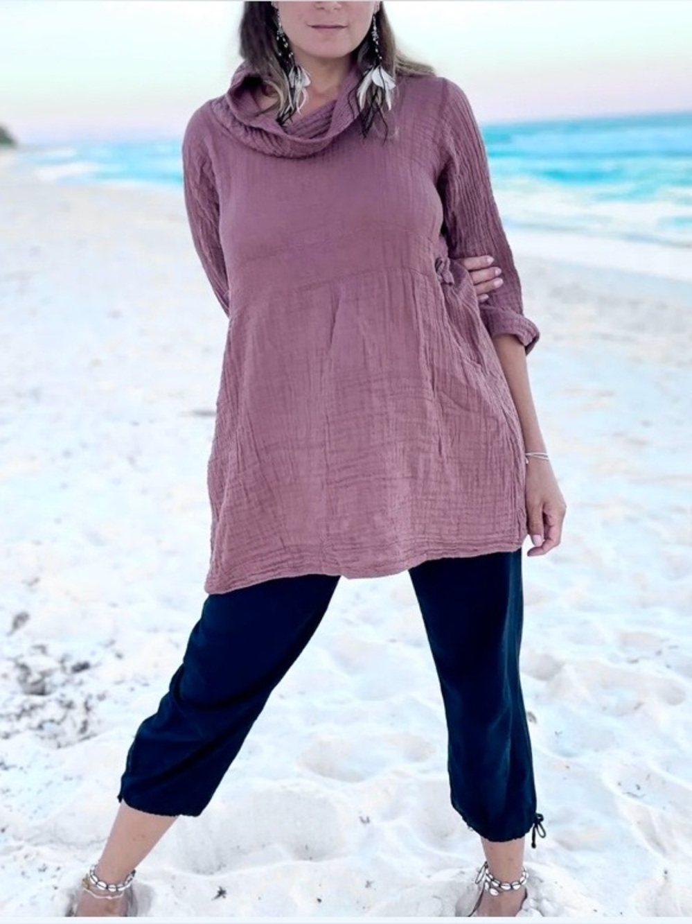 Cotton Flower Khuna Cowl Tunic Top 100% Gauze Cotton Ling Sleeve Mauve Size S/M
